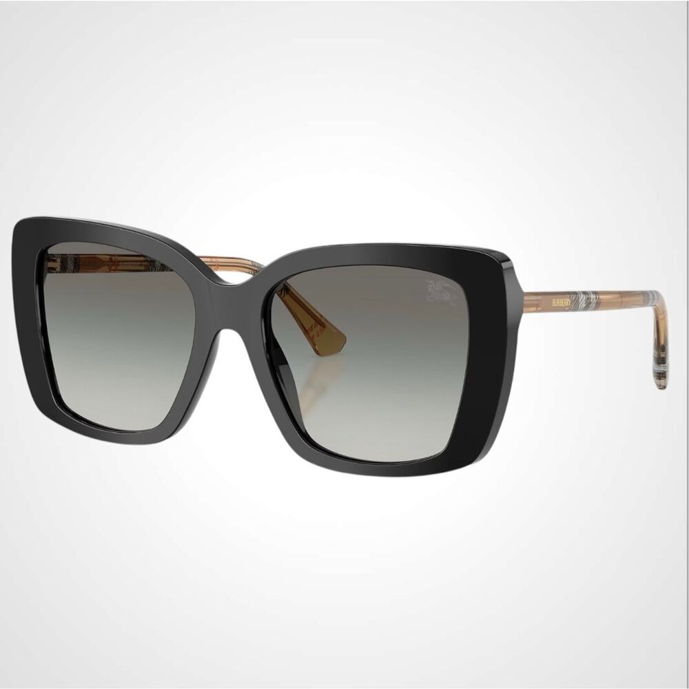 New Burberry Sunglasses Black Front Square Frame Checkered Arms Gray Lens Womens - Picture 1 of 7